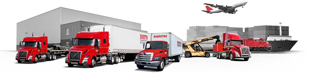 Bandstra flatdeck, highway truck, straight truck, container drayage onto flatdeck trailer in front of terminal and seaport and airplane in background  