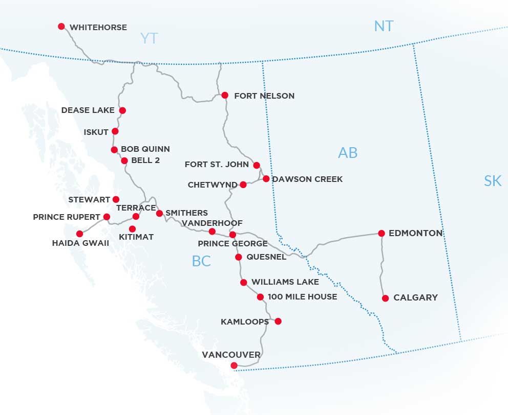 British Columbia, Alberta and Yukon map with Bandstra service locations pinned  