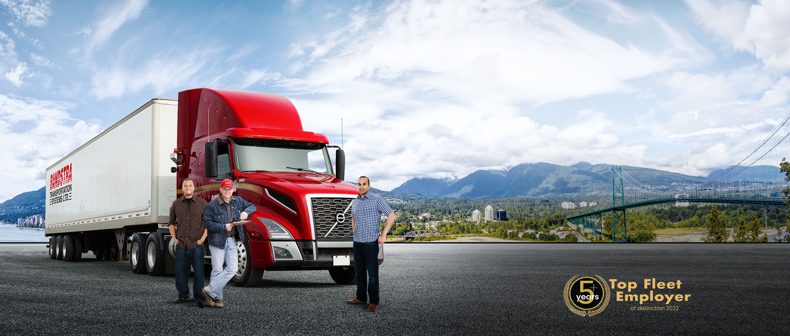 Bandstra drivers standing in front of highway truck in British Columbia